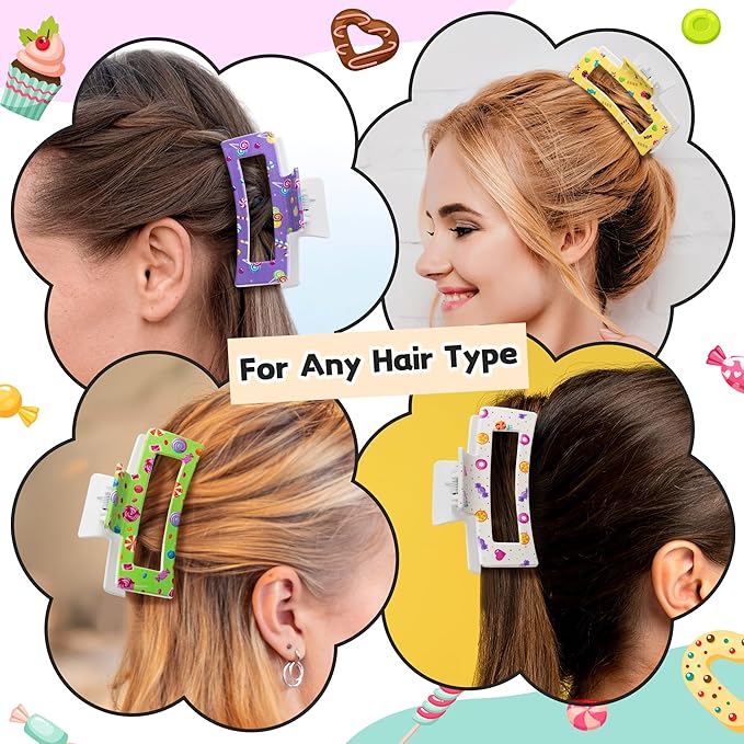 PANTIDE 8Pcs Candy Hair Claw Clips for Women - Christmas Candyland Colorful Rectangle Nonslip Aesthetic Clips Rainbow Lollipop Sweets Hair Accessories Party Favors Birthday Gifts