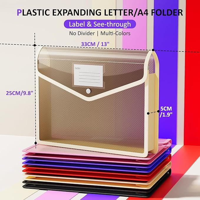 ThinkTex Plastic Expanding File Folder, Transparent Envelopes with Snap Closure,Suitable for Home, Office, School and Hospital, Large Capacity，No Dividers, 5 Colors, Fit Letter/A4 Size-10 Pcs