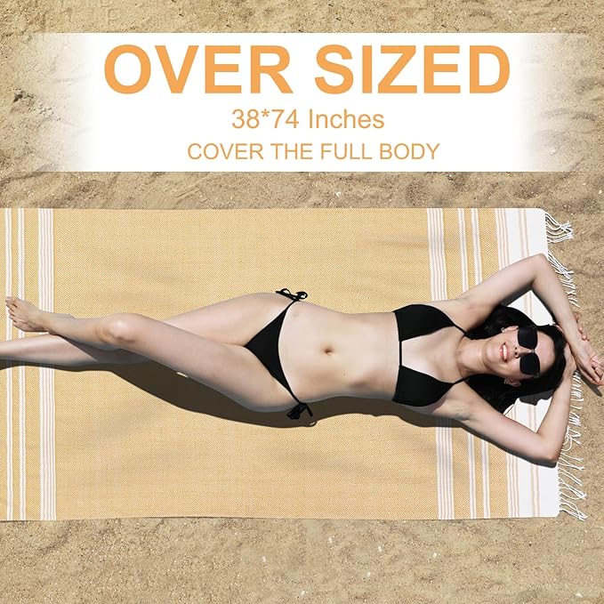 Genovega Oversized Cotton Turkish Beach Bath Towel Set 74"x38" Extra Large Sand Free Quick Dry Swim Camping Pool Clearance Towels Travel Blanket Adult Essentials Stripe Earthy Yellows