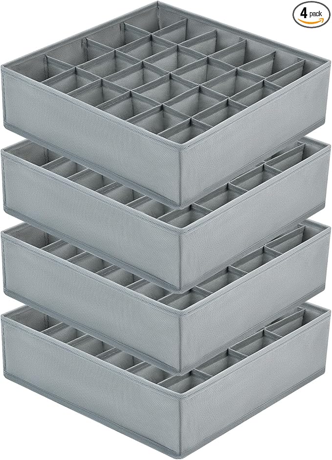 Joyoldelf Sock Drawer Organizer Divider Underwear Organizer 24-cell Fabric Dresser Drawer Organizers Storage Boxes for Socks Lingerie, Handkerchiefs, Ties 4 Pack (Grey)