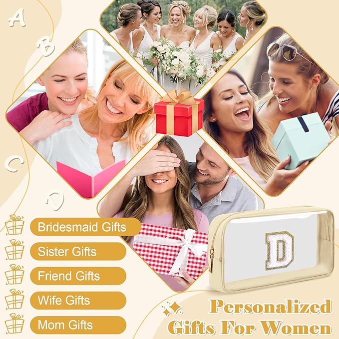 Personalized Initial Letter Clear Makeup Bag, Preppy Small Nylon & PVC Cosmetic Zipper Bag with Chenille Letter, Portable Beach Travel Skincare Toiletry Bag, Trendy Monogram Gift for Teen Girls Women, D
