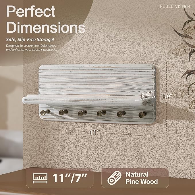 Rebee Vision Decorative Pine Wooden Key Holder Wall Mount for Apartment Essentials – Pine Wooden Key Holder for Wall with 6 Hooks & Floating Shelf – Modern Farmhouse Home Decor (Whitewash)