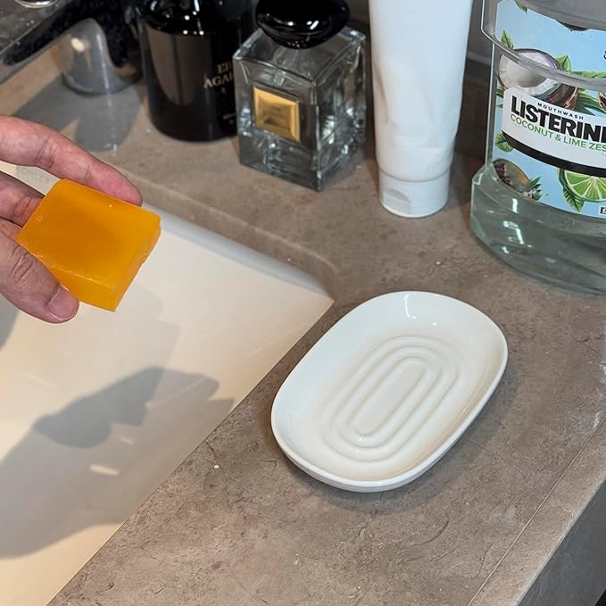 Ceramic Marble Pattern Soap Dish, Textured Raised Soap Saver Tray for Shower Bathroom Kitchen Sink Vanity, Easy to Clean Multi-Use Holder for Bar Soap Jewelry Rings Keys, White (2 Pack)