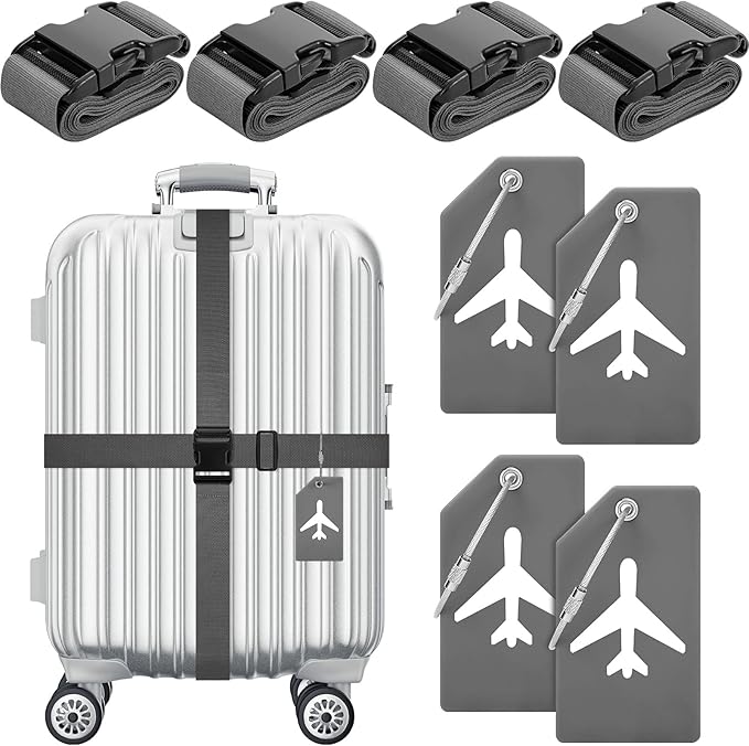 Weewooday 8 Pcs Luggage Straps Suitcase Tags Set for TSA Approved, 4 Travel Adjustable Suitcase Belt, 4 Silicone Luggage Tags with Name ID Card Travel Accessories(Dark Gray,Airplane)