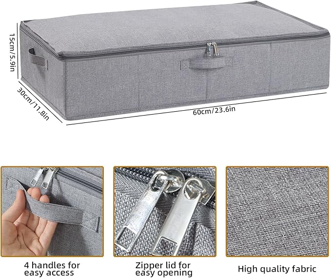 Underbed Storage Organizers, 23.6 x 11.8 x 5.9 Inch Fabric Container Bags with Lids, Storage Boxes for Blanket, Pillows, Shoes, Grey, 3 Pack