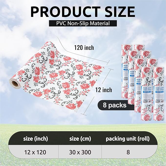 FIFTY FEET 12X120 Inch Shelf Liner for Kitchen Cabinets, PVC Drawer Liner for Dresser Non-Slip Bathroom, Non-Adhesive Cabinet Liner Washable (Red Floral)(8 Roll)