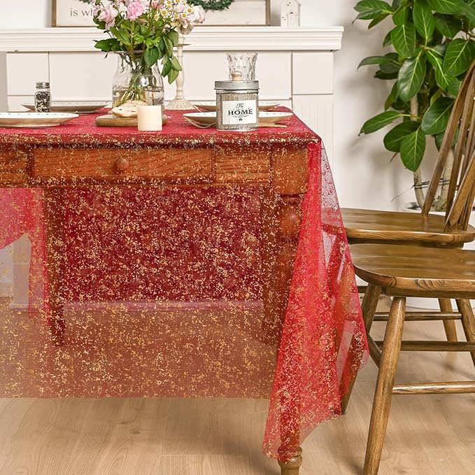 Horaldaily Red Gold Gauze Tablecloth 60x60 Inch Square, Red Sequin Glitter Metallic Foil, Sheer Tulle Cheesecloth for Wedding Baby Shower Ceremony Birthday