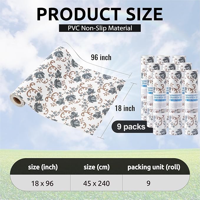 FIFTY FEET 18X96 Inch Shelf Liner for Kitchen Cabinets, PVC Drawer Liner for Dresser Non-Slip Bathroom, Non-Adhesive Cabinet Liner Washable (Black Floral)(9 Roll)