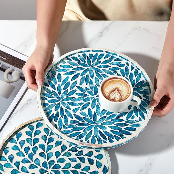 Chunful Mother of Pearl Round Serving Tray 10 Inch Wood Coffee Table Tray for Tea Breakfast Kitchen Cabinet (Leaf Style)