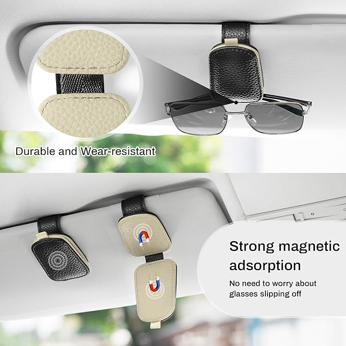 SINGARO Sunglasses Holder for Car, Leather Magnetic Buckle Sun Visor Sunglass Clip, Ticket Card Storage Glasses Clip, Car Interior Accessories for Men and Women（Black-Beige）