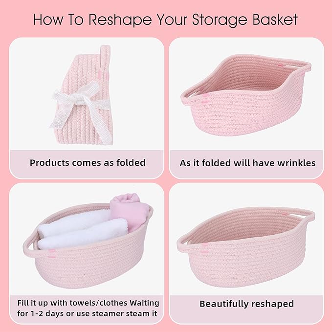 Small Woven Basket Cute Oval Cotton Rope Gifts Basket with Handle Empty Baby Wicker Storage Basket nursery Box Bin kids organizer Cat Dog toy basket Easter Basket light pink