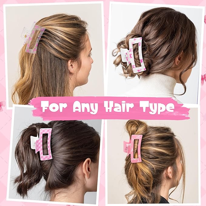 PANTIDE 8Pcs Coquette Pink Bow Hair Claw Clips for Women Girls - Cute Bow Preppy Trendy Rectangle Nonslip Hair Clips, Thin Thick Short Long Curly Accessories, Birthday Bachelorette Wedding Gift