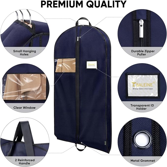 BALEINE 5PK Heavy Duty Garment Bag with Shoe Storage Travel Bag for Dresses, Suit, Coats Travel Essential (54", Blue)