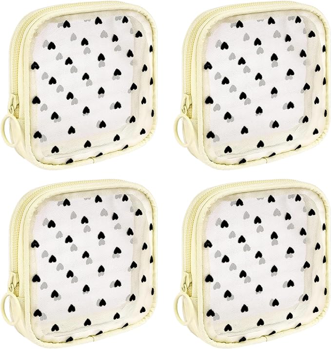 4 Pieces Mini Zipper Nylon Mesh Pouch, Mesh Cosmetic Bags Makeup Bags, Multipurpose Travel Toiletry Bags for Office Supplies and Travel Accessories (Heart Print-Beige, S)