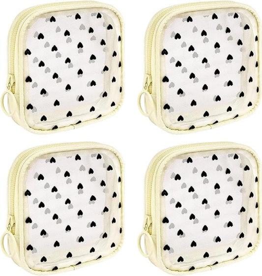 4 Pieces Mini Zipper Nylon Mesh Pouch, Mesh Cosmetic Bags Makeup Bags, Multipurpose Travel Toiletry Bags for Office Supplies and Travel Accessories (Heart Print-Beige, S)