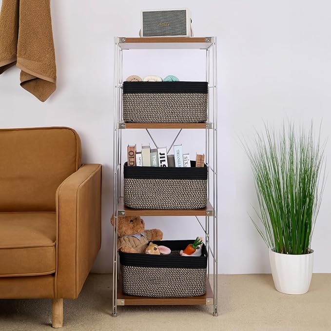 MiniArk Large Storage Baskets for Shelves, Closet Organizer Bins for Clothes, Blanket, Towels, Baby Nursery, Toy Box, Woven Rope Baskets, 17 x 13 x 7.5”, 3 Packs, Woven Brown