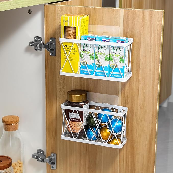 YIGII 3 Pack Adhesive Cabinet Door Organizer - Lid Storage Organizer for Tupperware, Wall Mounted Pantry Door Organizer Kitchen RV Storage Wall Under Sink Basket Slim Space, White Stainless Steel