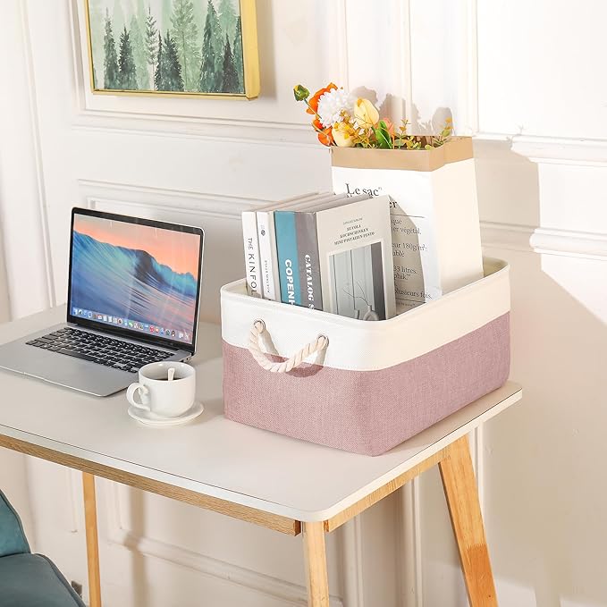 Storage Bins with Sturdy Cotton Handles(1 Pack), Fabric Storage Baskets for Organizing use for Office & Home, Book, Clothes, Toys, Closet Boxes (Small, Pink-White, 12.2x8.3x6.3 inches)