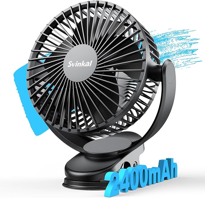USB Portable Clip on Fan, 2400mAh Battery Type-C 6in, 3 Speed 720° Tilting Head, Black Personal Rechargeable Fan for Desk, Bedside, Golf Cart, Baby Stroller, Indoor & Outdoor Use