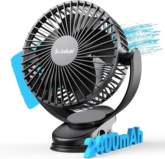 USB Portable Clip on Fan, 2400mAh Battery Type-C 6in, 3 Speed 720° Tilting Head, Black Personal Rechargeable Fan for Desk, Bedside, Golf Cart, Baby Stroller, Indoor & Outdoor Use