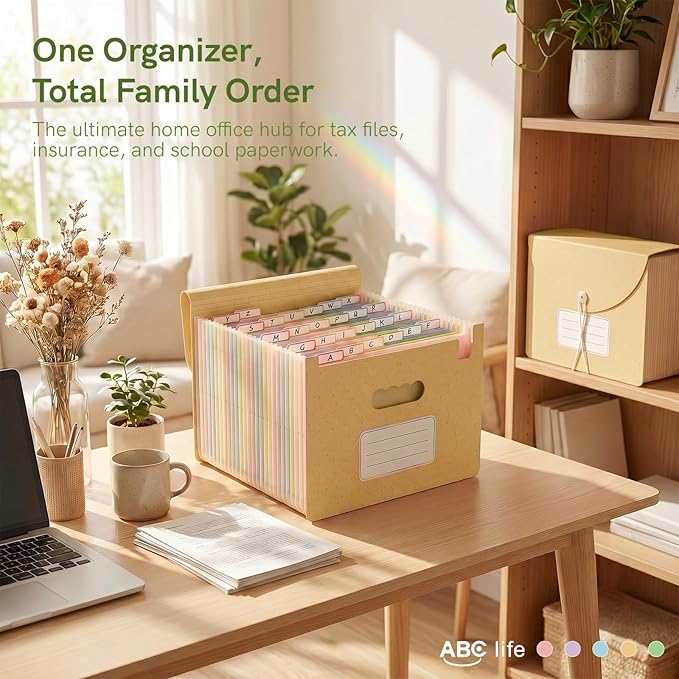 ABC life 26 Pockets Accordion File Organizer, High Capacity Expanding File Folder for Letter A4 Size, Portable Document Holder with A-Z Tabs for Tax Receipt, Teacher & Home Office - Butter Yellow