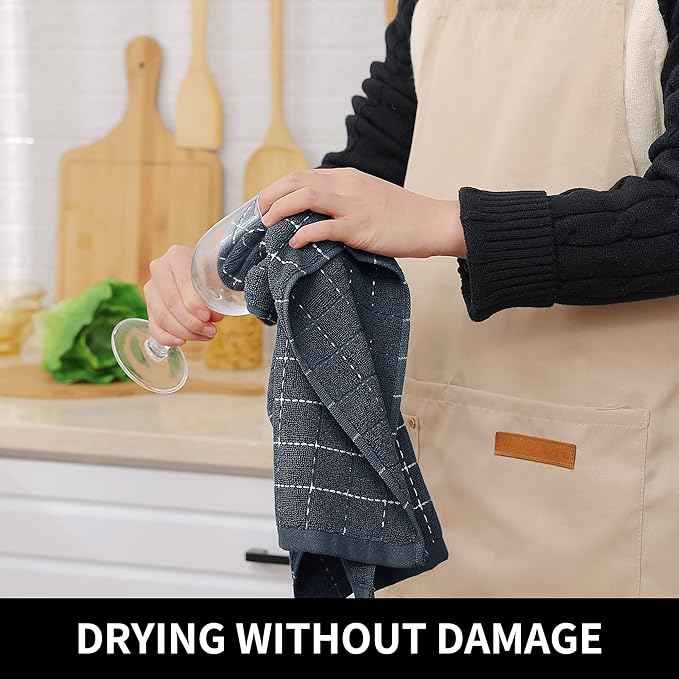Homaxy 100% Cotton Terry Kitchen Towels(Dark Grey, 20 x 28 inches), Checkered Designed, Soft and Super Absorbent Dish Towels, Large 6 Pack