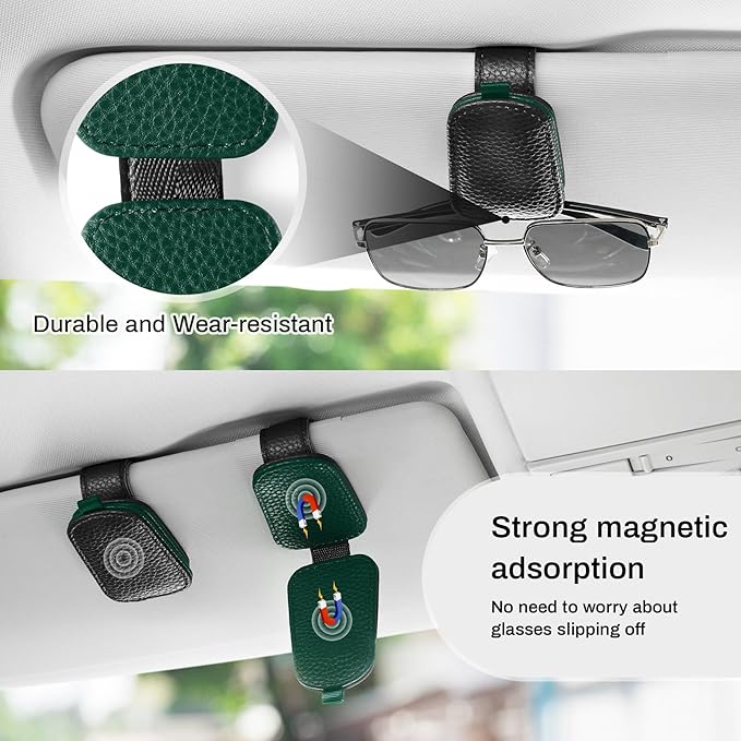 SINGARO Sunglasses Holder for Car, Leather Magnetic Buckle Sun Visor Sunglass Clip, Ticket Card Storage Glasses Clip, Car Interior Accessories for Men and Women（2PCS Black-Green）