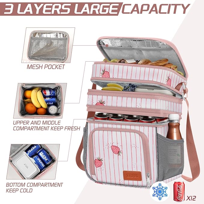 Insulated Lunch Bag for Women Men, Reusable 3-Layer Lunch Box for Women, Expandable Reusable Water-Resistant Lunch Box for Work, Travel, Office, Picnic, Hiking (Pink)