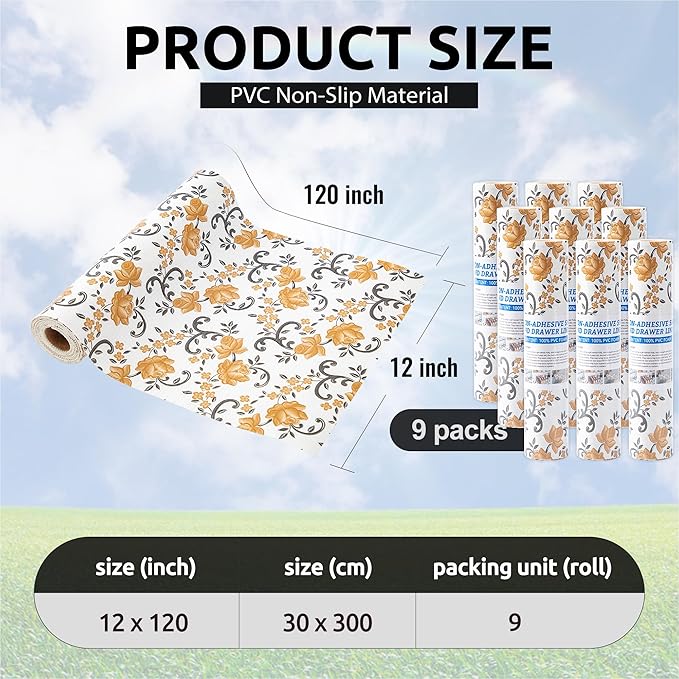 FIFTY FEET 12X120 Inch Shelf Liner for Kitchen Cabinets, PVC Drawer Liner for Dresser Non-Slip Bathroom, Non-Adhesive Cabinet Liner Washable (Yellow Floral)(9 Roll)