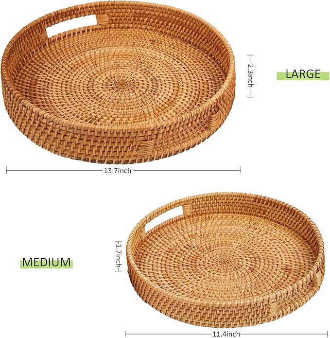 Round Rattan Serving Tray with Handles, 2 Hand Woven Basket, Home Decor Organizer Tray for Breakfast, Tea, Snack, Fruit, Coffee, Storage (Large + Medium) (14.17inchX2.3inch+11.9inchX1.7inch