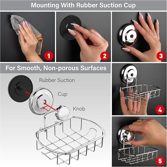 HASKO 2-Pack Suction Cup Soap Holder – Bar Soap Dish for Shower with Hooks for Bathroom – Optional Mounting with Adhesive Tape – Includes 2 Soap Savers – Polished Stainless Steel SS304