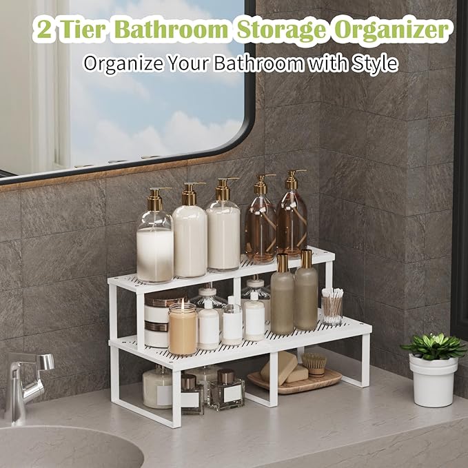 2 Pcs Stackable Kitchen Cabinet Shelf Organizer Counter Shelf Pantry Dishes Storage Shelves Rack