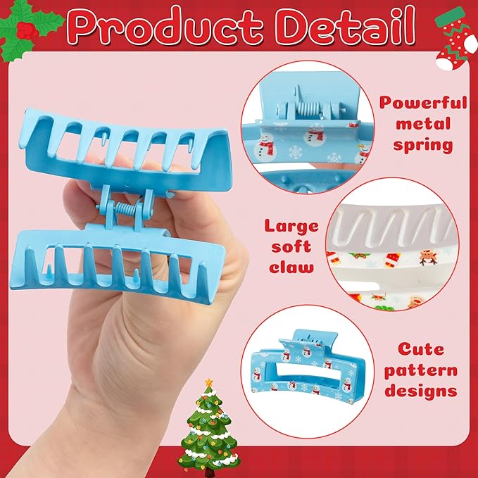 PANTIDE 8Pcs Christmas Hair Claw Clips for Women Girl - Xmas Candy Cane Snowflake Red Green Rectangle Nonslip Banana Hair Clips, Thin Thick Short Long Curly Accessories, Christmas Party Gift