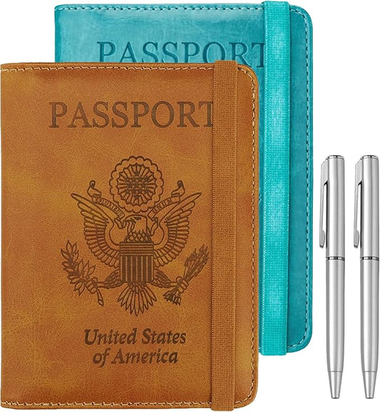 WALNEW Passport Holder for Travel, RFID Passport Cover Wallet for Women Men, PU Leather Passport Book Card Holder Case with Pen (Elastic Band Closure, AA-Brown+Blue)