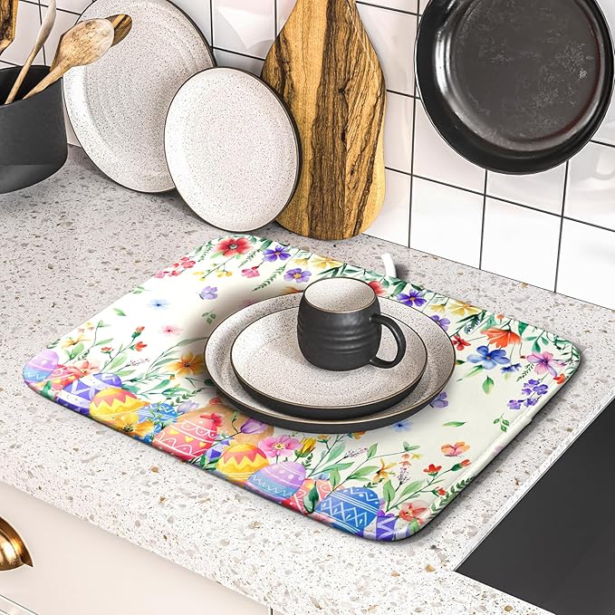 Giwawa Easter Rabbit Dish Drying Mat Spring Flower Dish Drainer Rack Mats 16x18 inch Absorbent Microfiber Fast Dry Pad Kitchen Counter Accessories