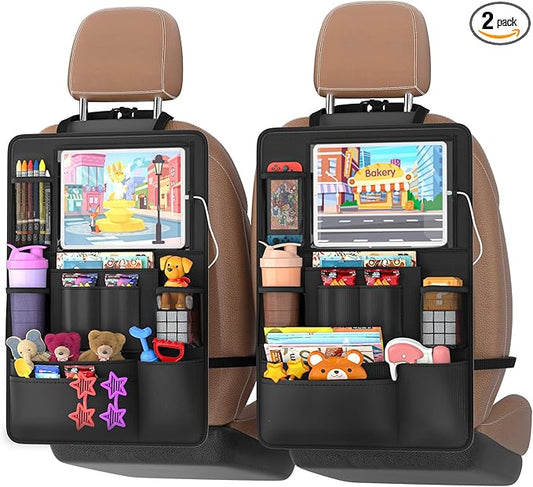Backseat Car Organizer with Touch Screen, 2 PACK Car Organizer Kick Mats Back Seat Protector with 10pcs Storage Pockets, Car Seat Back Organizers Storage for Kids Road Trip Essentials