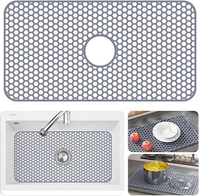 Silicone Sink Protectors for Kitchen Sink with Center Drain - 29.7"x 15.5" Kitchen Protector Accessory, Non-Slip Heat Resistant Mat for Bottom of Farmhouse Stainless Steel Porcelain (Gray)