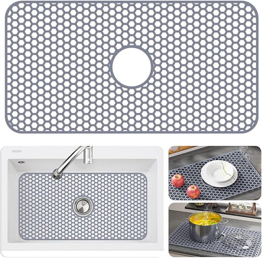 Silicone Sink Protectors for Kitchen Sink with Center Drain - 29.7"x 15.5" Kitchen Protector Accessory, Non-Slip Heat Resistan Mat for Bottom of Farmhouse Stainless Steel Porcelain (Gray)