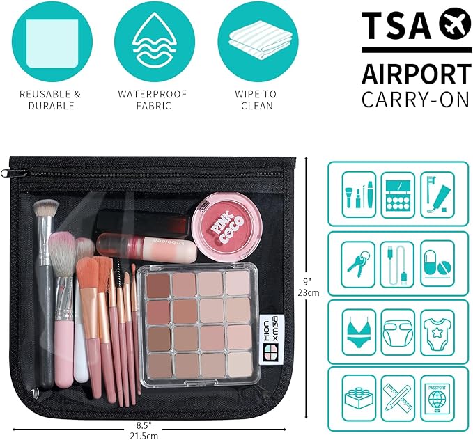 TSA Approved Toiletry Bag, Set of 3 Clear Travel Toiletry Bag Quart Size Zipper Travel Pouch, Waterproof Makeup Cosmetic Bag for Women Men Kids Toiletries Carry on, Black Large