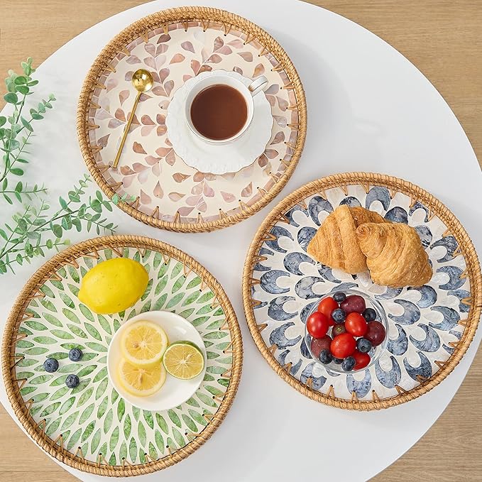Round Rattan Tray for Home Decor 11.8 inch, Modern and Boho Decor Serving Tray with Mother of Pearl Inlay, Wicker Basket for Coffee Table, Hand Woven Decorative Tray Plates (Gold)