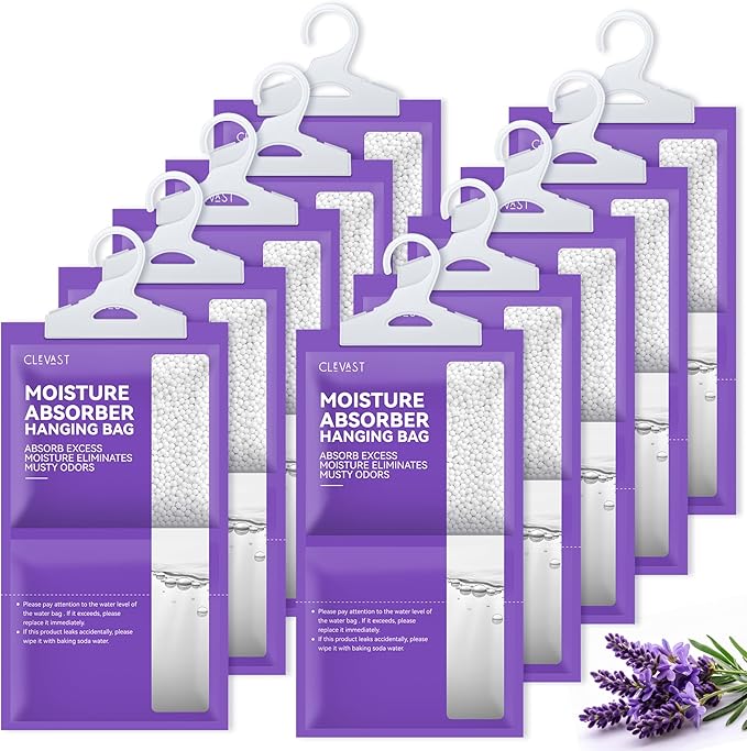 CLEVAST Moisture Absorbers Packets 10 Pack, Dehumidifier Bags for Closet, Scented Hanging Humidity Absorber in Wardrobes, Bedrooms, Bathrooms (Lavender)