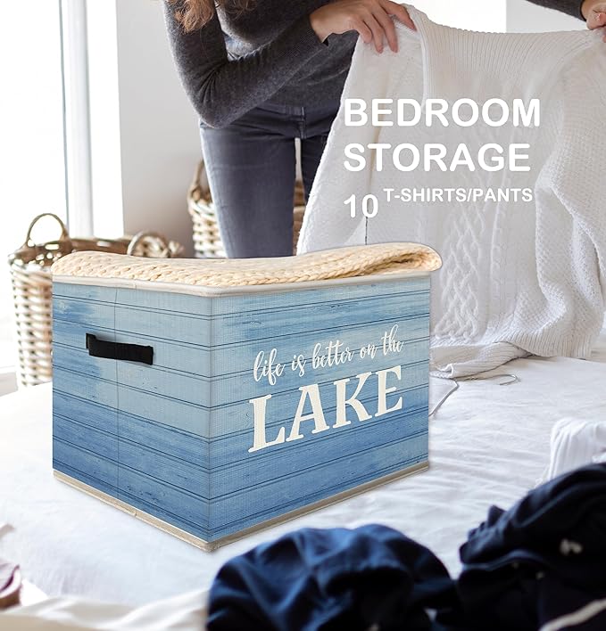 Lake House Storage Bins Box with Handles, Life Is Better On the Lake Collapsible Fabric Storage Basket Box Organizer for Bedroom Bathroom Clothes Toys Books