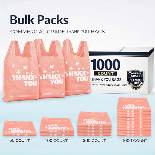 YoYoRain PINK Thank you bags, 1000PCS T shirt bags, To Go Bags,Grocery bags, Reusable and Disposable,Perfect for Small Business,Take Out,Retails,11"x6"x21"(1000)