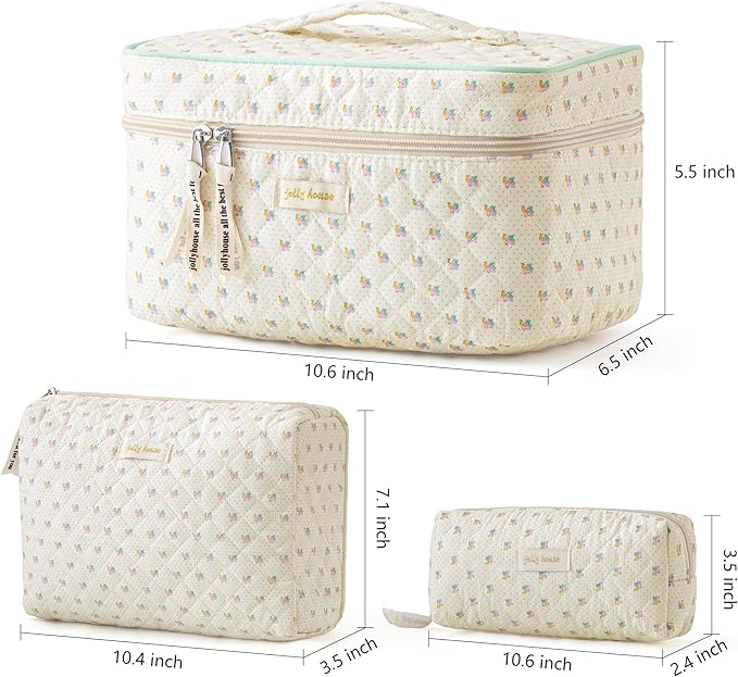 HBselect Quilted Makeup Bag, 3PCS Cotton Large Travel Makeup Bag, Cute Floral Coquette Make up Bag Cosmetic Bag Toiletry Bag for Women Girls