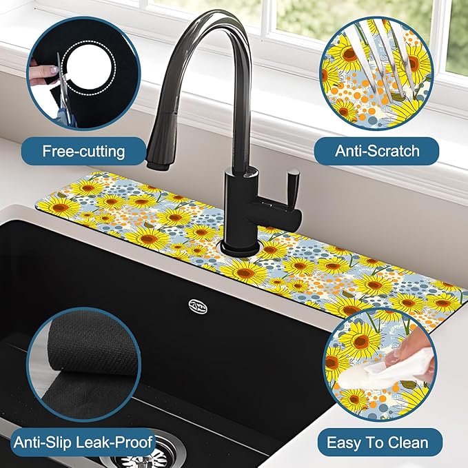 Watercolor Sunflowers Sink Splash Guard Faucet Mat Sunflowers Polka Dots Super Absorbent Fast Drying Mat Sink Gadgets-Splash Guard Behind Faucet Drip Catcher for Kitchen Bathroom, 23.5"x5.5"