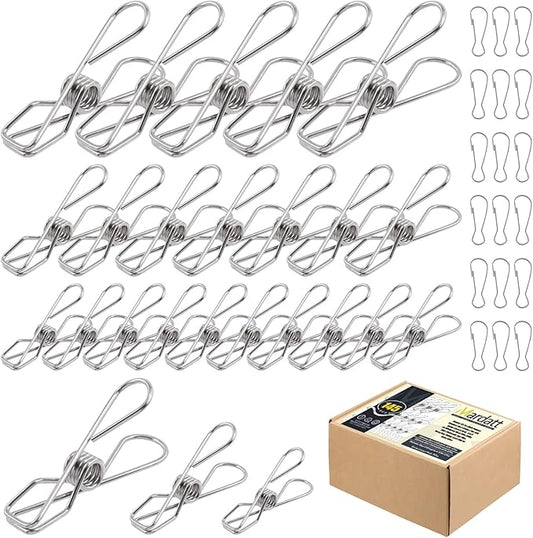 145 Pcs Multi-Purpose Stainless Steel Clothes Pins with Spring Lanyard Hook, 4/6/8 CM Windproof Metal Wire Utility Clips Clothespin, Bag Clips, Heavy Duty Tightly Seals Chip for Home Office