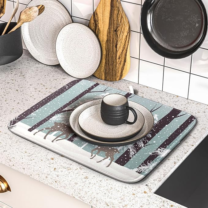 Winter Wildlife Deer Dish Drying Mat for Kitchen Counter,Xmas Landscape Snow Tree Ivory Drying Mat 16 x 18 Inch with High Absorbent Microfiber Drainer Mat for Coffee Bar
