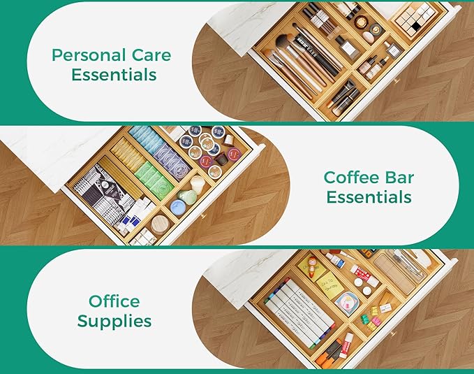 Long Bamboo Kitchen Drawer Organizer Boxes – 17" x 6" Stackable Wood Silverware Utensil Tray for Drawers Bins Cutlery & Flatware Storage – Wooden Organizers Set of 2 for Junk Drawer, Bathroom, Rv