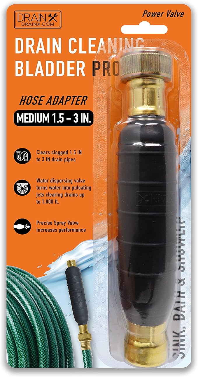 DrainX Hydro Pressure Drain Cleaning Bladder Pro - Fits 1.5" to 3" Drain Pipes - Unclogs Stubborn Blockages in Bathroom Sinks, Shower Drains, Bathtubs, Plumbing Pipes