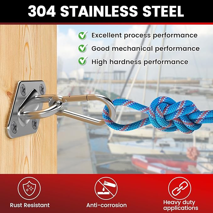 sprookber 304 Stainless Steel Pad Eye Snap Hooks, M8 Heavy Duty Ceiling Hook, 1200 lb Capacity Hammock Swing Hanging kit, Plant Hangers, Marine Hardware Staple Hook Loop with Screws, Set of 8